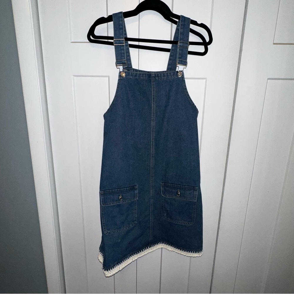Adorable Hand Embellished Denim Overall Dress with Cream Crochet Detail - M/L